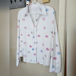 White Shirt with Colorful Eye Print